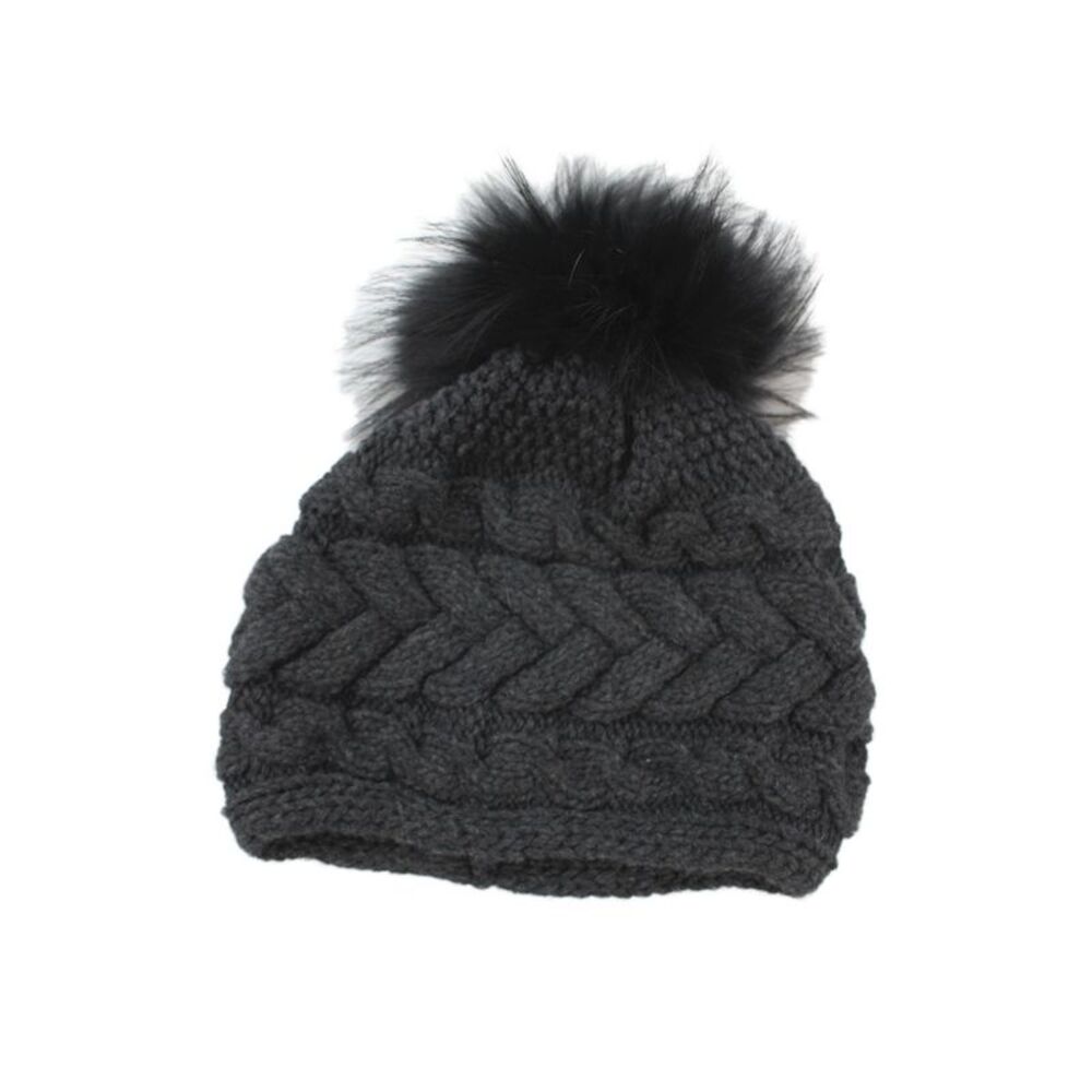 Inverni Womens Cashmere Cable Knit Raccoon Fur Pom Beanie Hat Gray Black OS